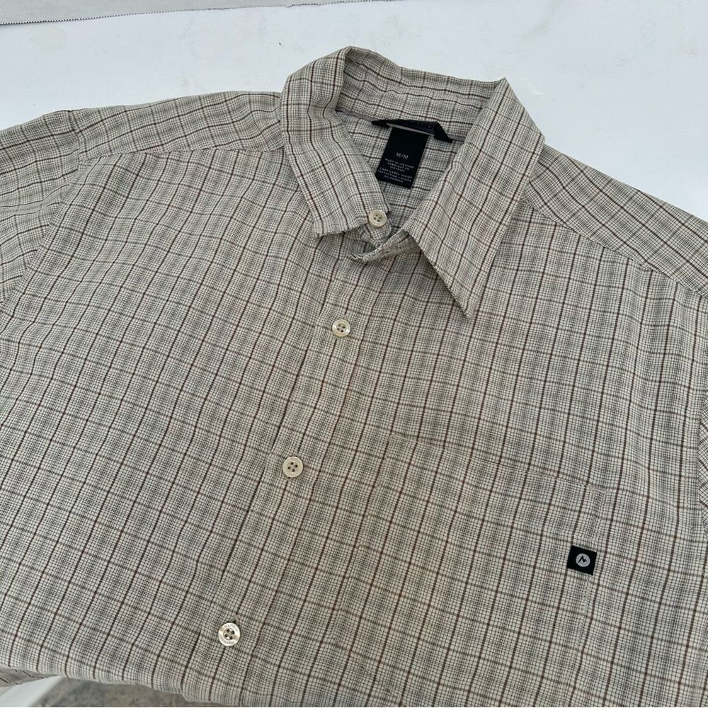 Marmot Elridge Woven Short-Sleeve Rayon Tan Plaid Shirt size Medium